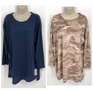 Jenni NEW Women's 2 Pack Bundle Sleep Shirts Size L Toffee Candy Camo, Navy Sail